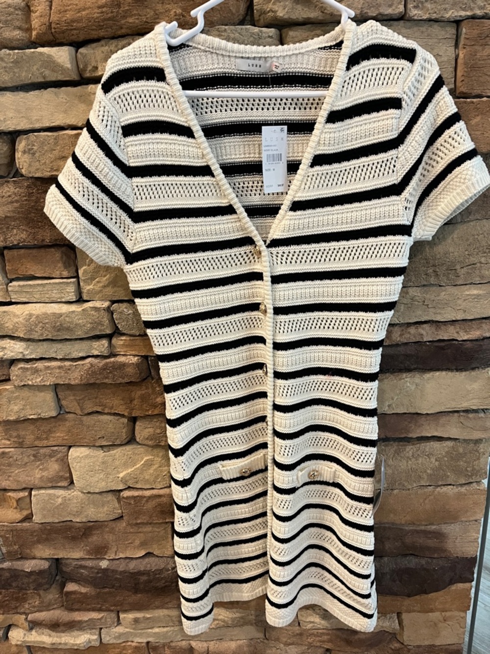 Nordstrom Lush cotton/knit Striped V-Neck Dress - White and Black